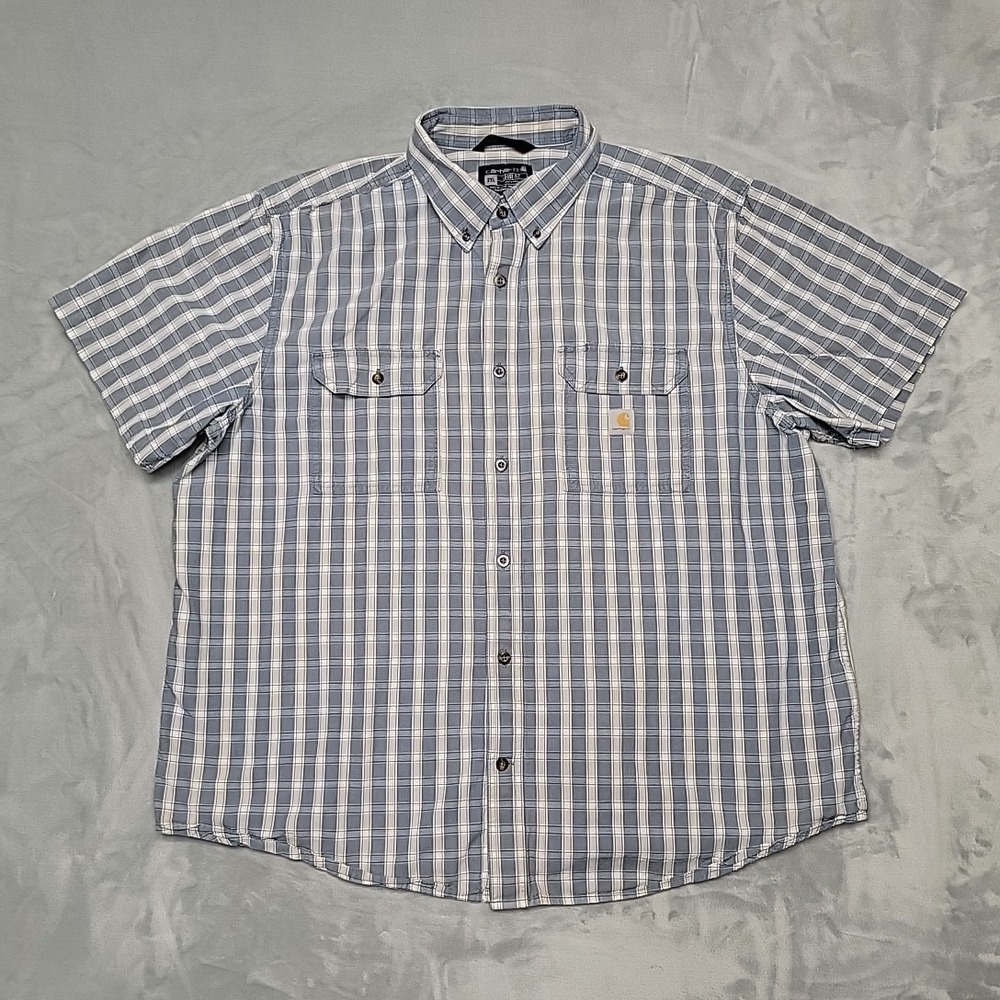 Carhartt Shirt Men 2XL Blue Loose Fit Plaid Short Sleeve Workwear Outdoor Casual